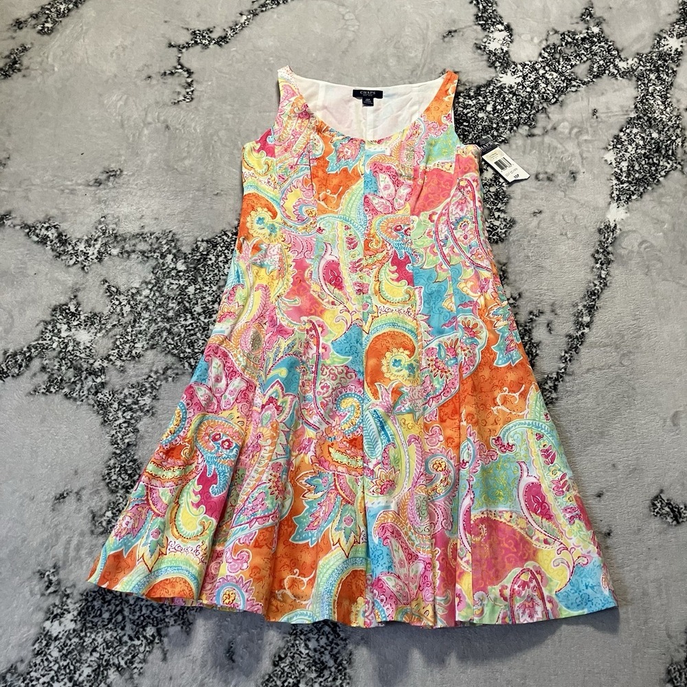 Chaps‎ Dress Womens Size 10P Colorful Pastel Paisley A-line Cotton Preppy Resort